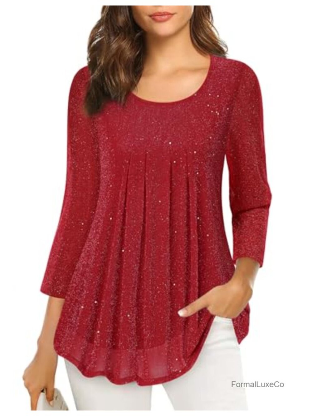 VALOLIA Women's 3/4 Sleeve Tunic Top Floral Mesh Pleated Layered Blouse